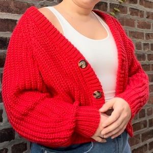 H&M Size Medium Cherry Red Cable Knit Oversized Cardigan Wool Blend Sweater
